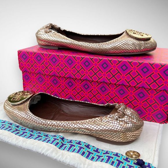 Tory Burch Gold Snakeskin Embossed Leather Reva Logo Ballerina Flats Sz 7(M) - Picture 7 of 14